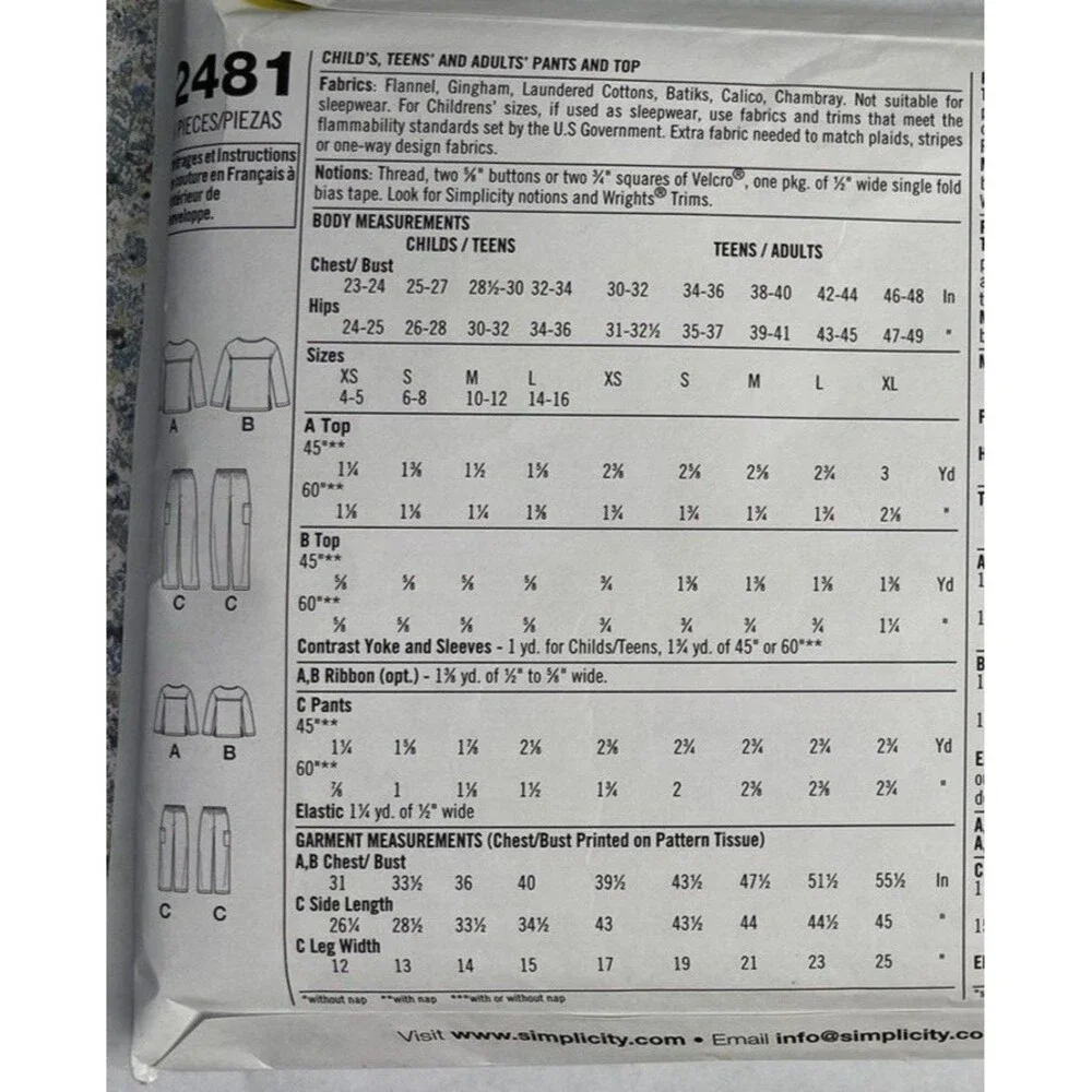 Simplicity Sewing Pattern 2481 Adult/Child pajamas preowned